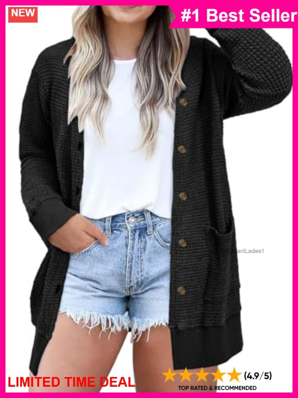 Womens Plus Size Waffle Knit Button Down Cardigan Long Sleeve Pockets